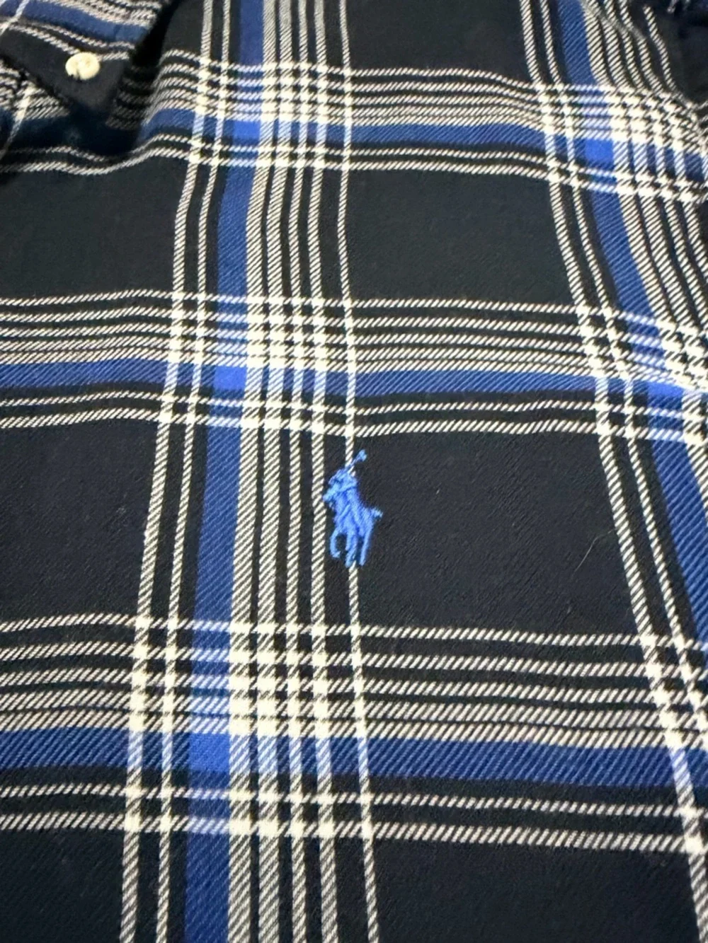 Polo by Ralph Lauren Men’s Double Faced Black Plaid Shirt with Blue & White